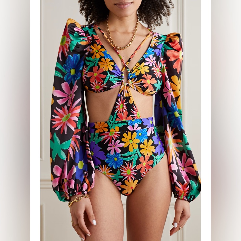 NWOT PatBO Black Pink Orange Floral Long-Sleeve One-Piece Swimsuit Size Small 2